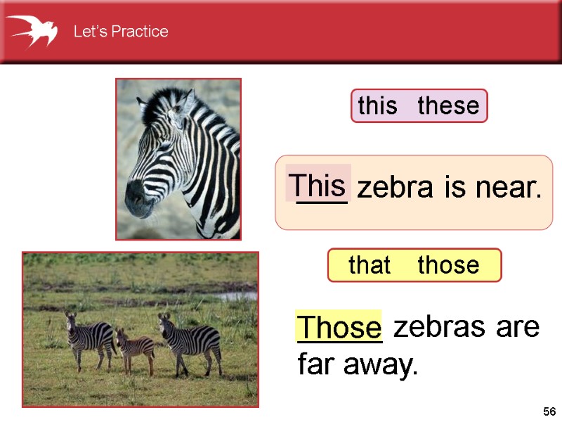 56   ___ zebra is near. _____ zebras are far away.  